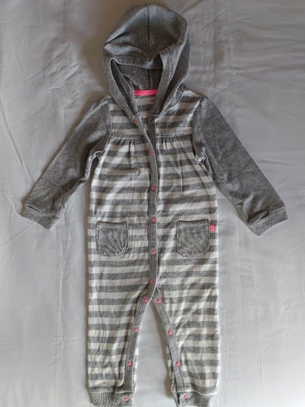 Cozy Carter's 18 Months Hooded Striped Romper Jumpsuit Grey and White Pink Snaps